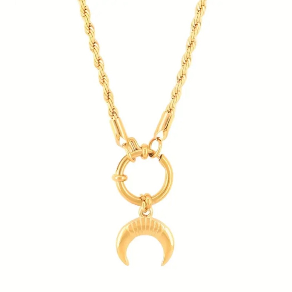 Gold Stainless Steel Crescent Moon Necklace | Celestial Rope Chain Pendant